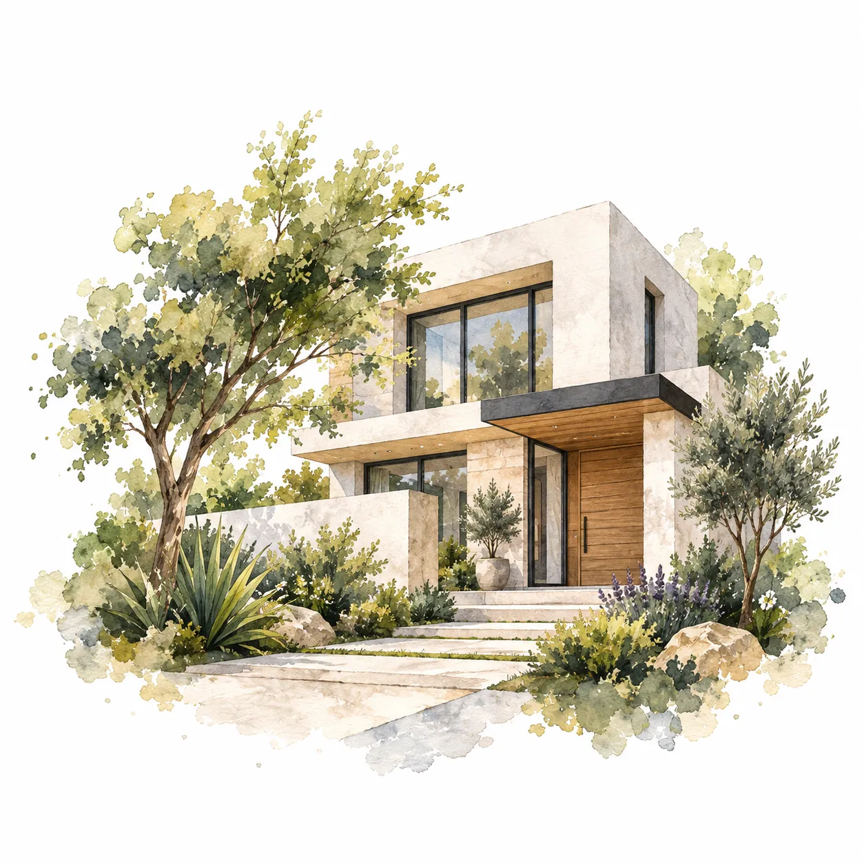 Acuarela de una casa moderna entre árboles
