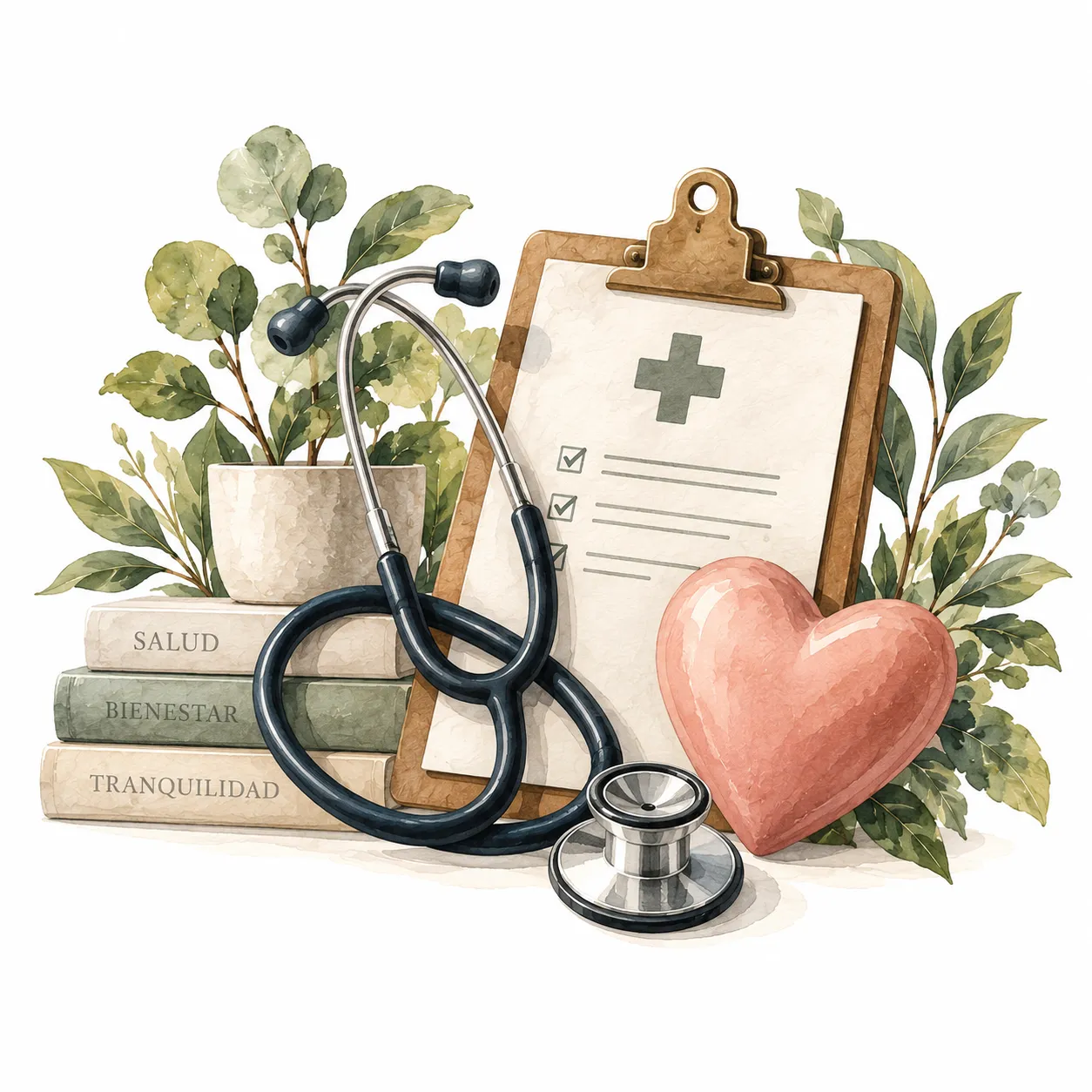 Acuarela de un estetoscopio, un corazón y una tabla médica